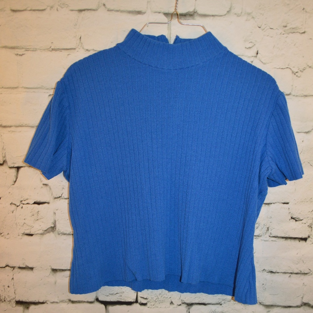 St John Blue Knit Mock Neck Cropped Shirt Medium